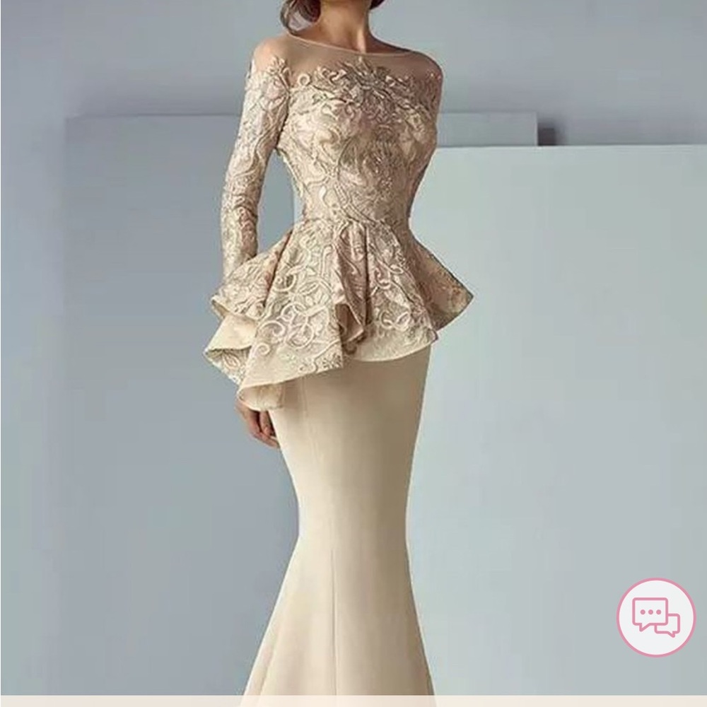 Formal Champagne Peplum Style Evening Gown for Weddings & Parties -  size 10